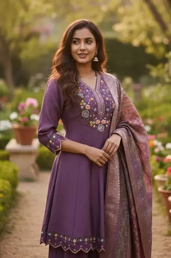 beige cotton silk thread & sequin embroidered salwar suit with elegant dupatta