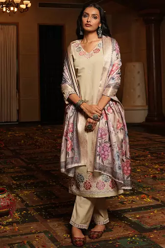 beige cotton silk thread & sequin embroidered salwar suit with elegant dupatta