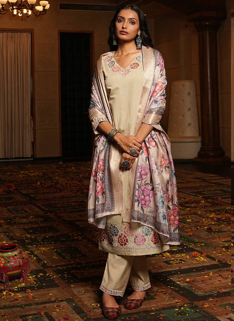 beige cotton silk thread & sequin embroidered salwar suit with elegant dupatta