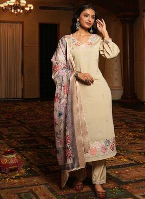 beige cotton silk thread & sequin embroidered salwar suit with elegant dupatta 4