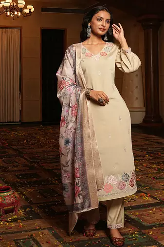 beige cotton silk thread & sequin embroidered salwar suit with elegant dupatta