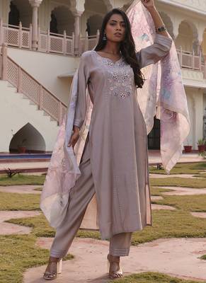 beige cotton silk thread & sequin salwar suit with floral dupatta 1