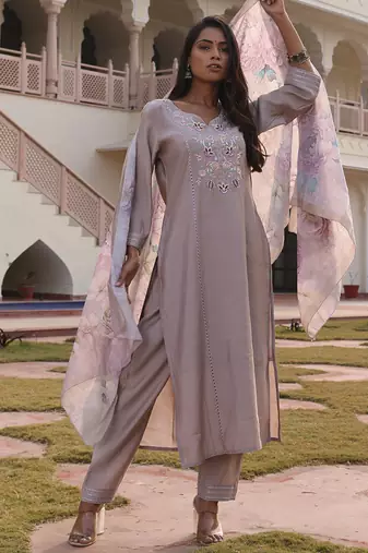 beige cotton silk thread & sequin designer salwar suit with floral dupatta