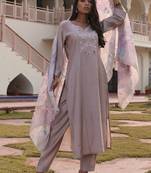 beige cotton silk thread & sequin designer salwar suit with floral dupatta