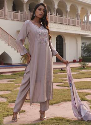 beige cotton silk thread & sequin salwar suit with floral dupatta 2
