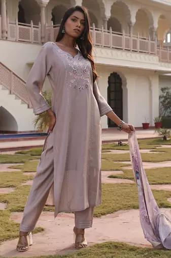 beige cotton silk thread & sequin salwar suit with floral dupatta