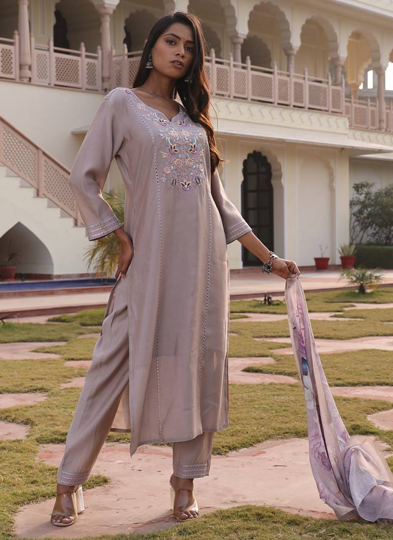 beige cotton silk thread & sequin designer salwar suit with floral dupatta