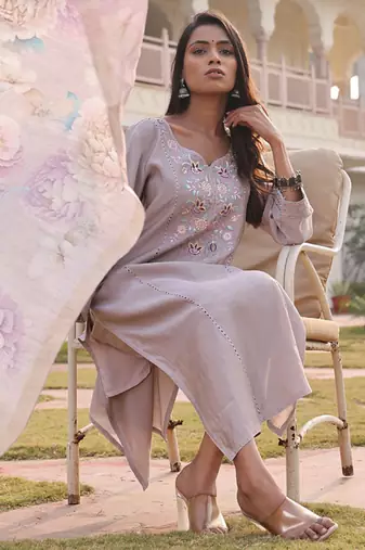 beige cotton silk thread & sequin salwar suit with floral dupatta