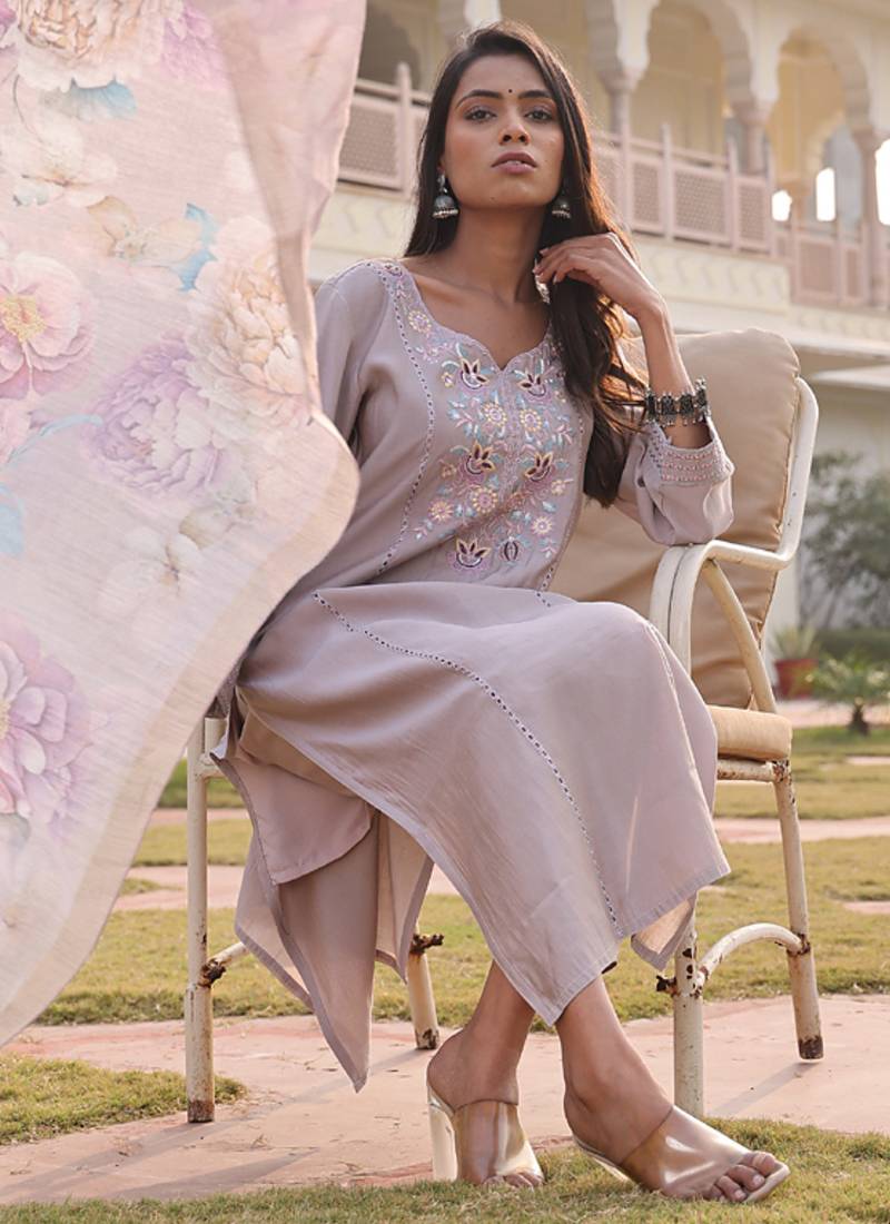 beige cotton silk thread & sequin designer salwar suit with floral dupatta