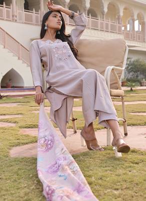 beige cotton silk thread & sequin salwar suit with floral dupatta 4