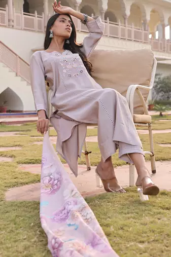 beige cotton silk thread & sequin salwar suit with floral dupatta