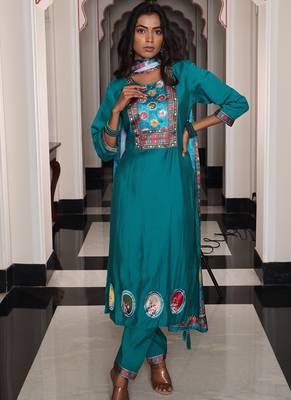 teal blue viscose simmer thread embroidered salwar suit with printed dupatta 1