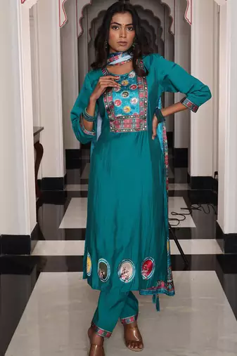 teal blue viscose simmer thread embroidered salwar suit with printed dupatta