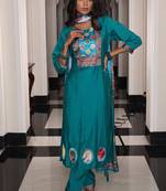 teal blue viscose simmer thread embroidered salwar suit with printed dupatta