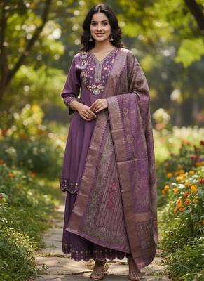 purple cotton silk thread and sequin embroidered palazzo suit
 1