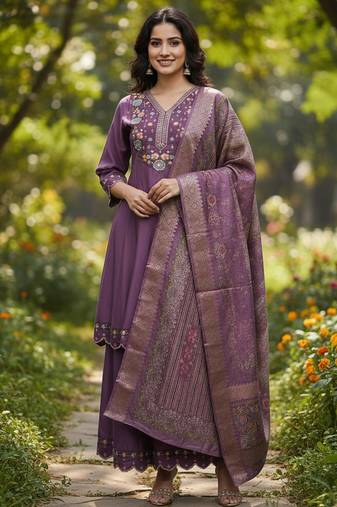 purple cotton silk thread and sequin embroidered palazzo suit
