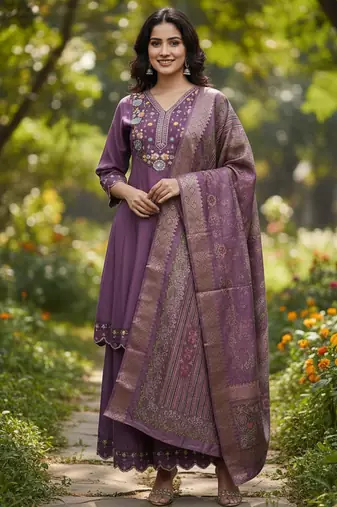 purple cotton silk thread and sequin embroidered palazzo suit