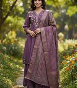 purple cotton silk thread and sequin embroidered palazzo suit
