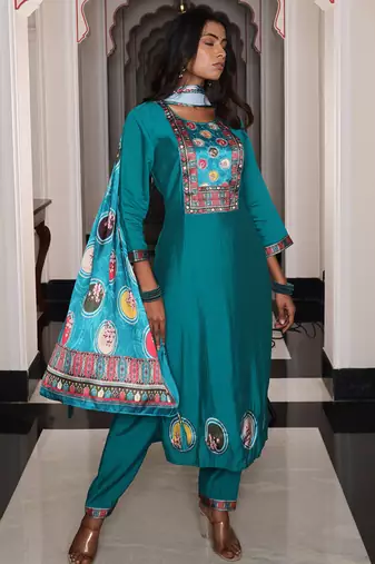 teal blue viscose simmer thread embroidered salwar suit with printed dupatta