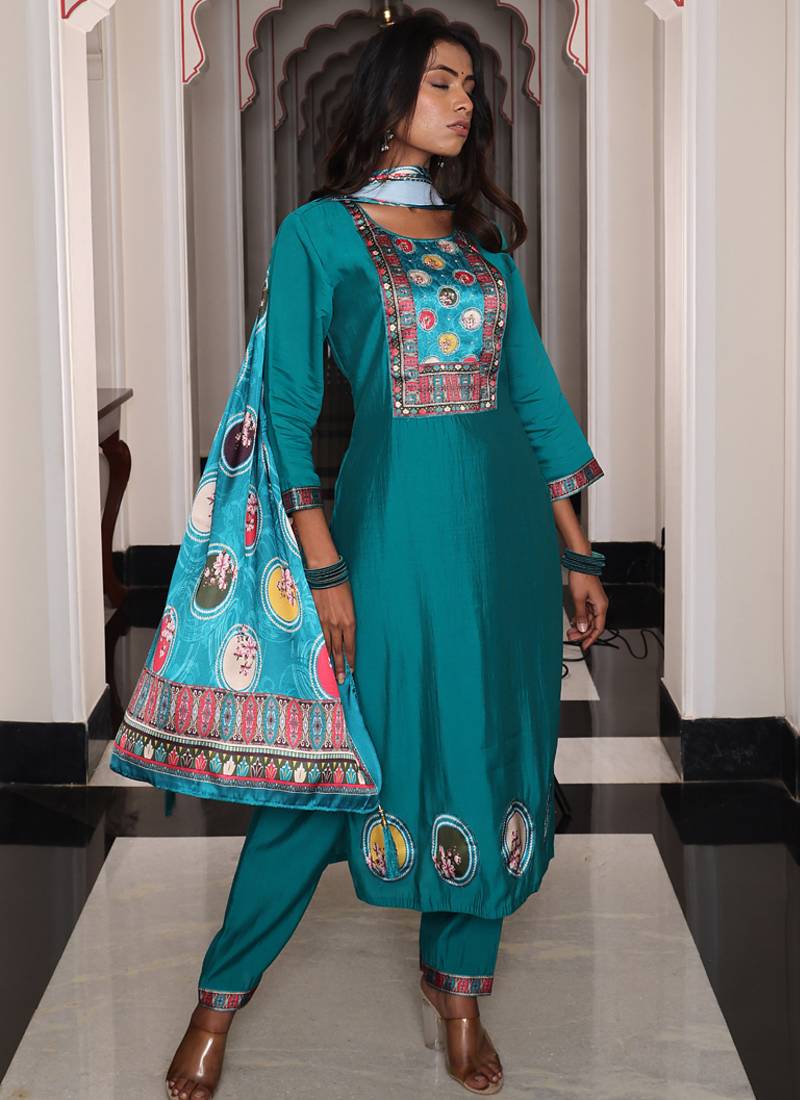 teal blue viscose simmer thread embroidered salwar suit with printed dupatta