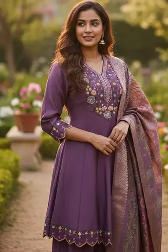 purple cotton silk thread and sequin embroidered palazzo suit