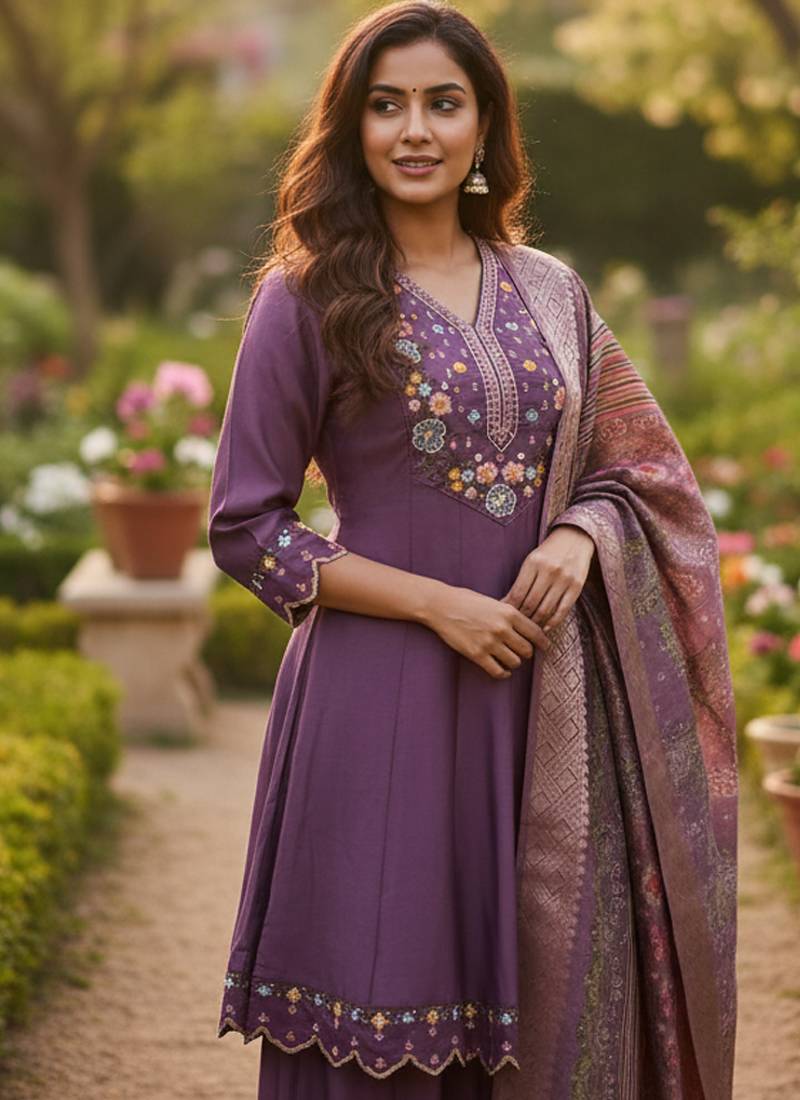 purple cotton silk thread and sequin embroidered palazzo suit