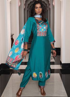 teal blue viscose simmer thread embroidered salwar suit with printed dupatta 3