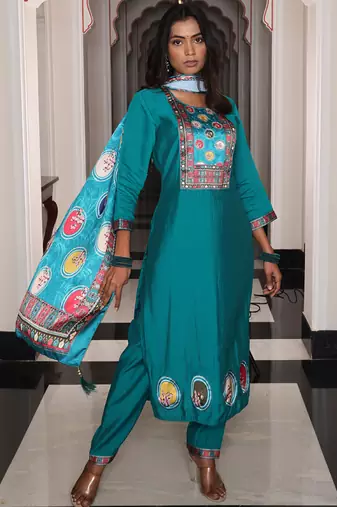 teal blue viscose simmer thread embroidered salwar suit with printed dupatta