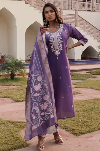 lavender simmer silk thread embroidered salwar suit with decorative dupatta