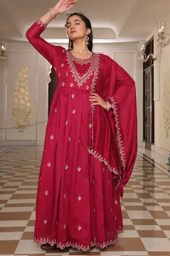 pink soft silk thread & sequin kurta sharara set