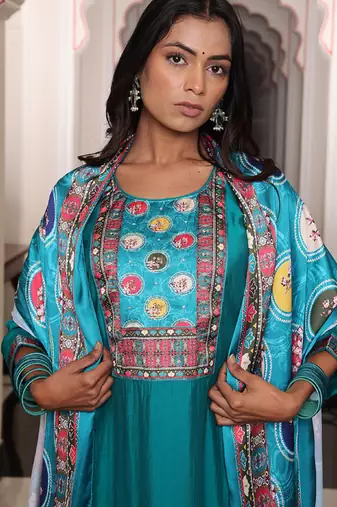 teal blue viscose simmer thread embroidered salwar suit with printed dupatta