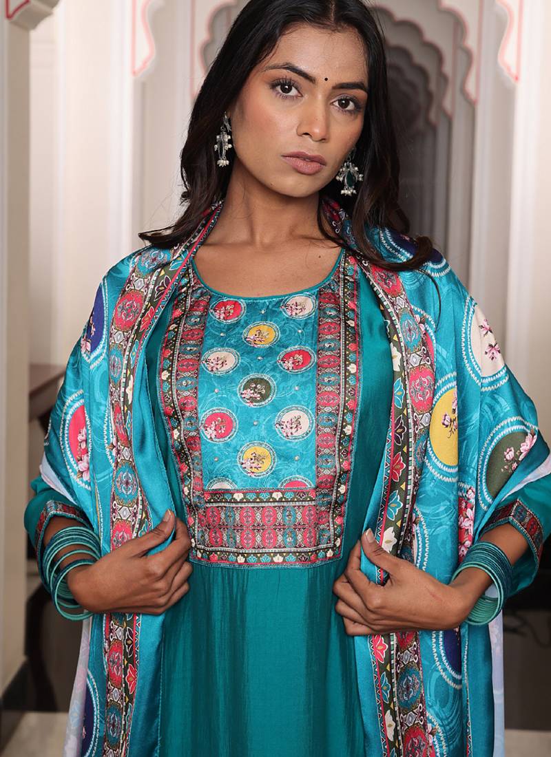 teal blue viscose simmer thread embroidered salwar suit with printed dupatta