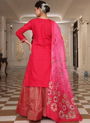 pink cotton silk sequin embroidered lehenga style salwar suit with dupatta 1