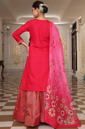 pink cotton silk sequin embroidered lehenga style salwar suit with dupatta
