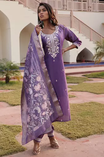 lavender simmer silk thread embroidered salwar suit with decorative dupatta
