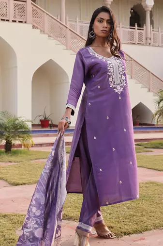 lavender simmer silk thread embroidered salwar suit with decorative dupatta