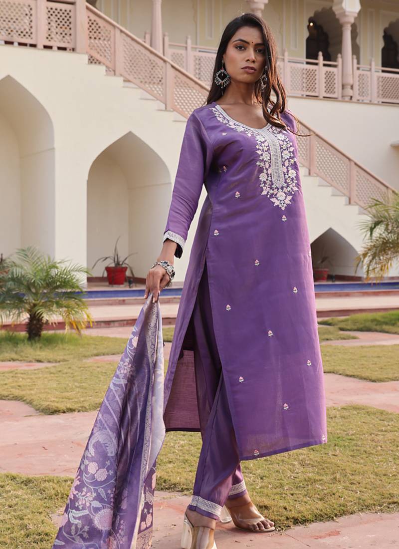 lavender simmer silk thread embroidered salwar suit with decorative dupatta