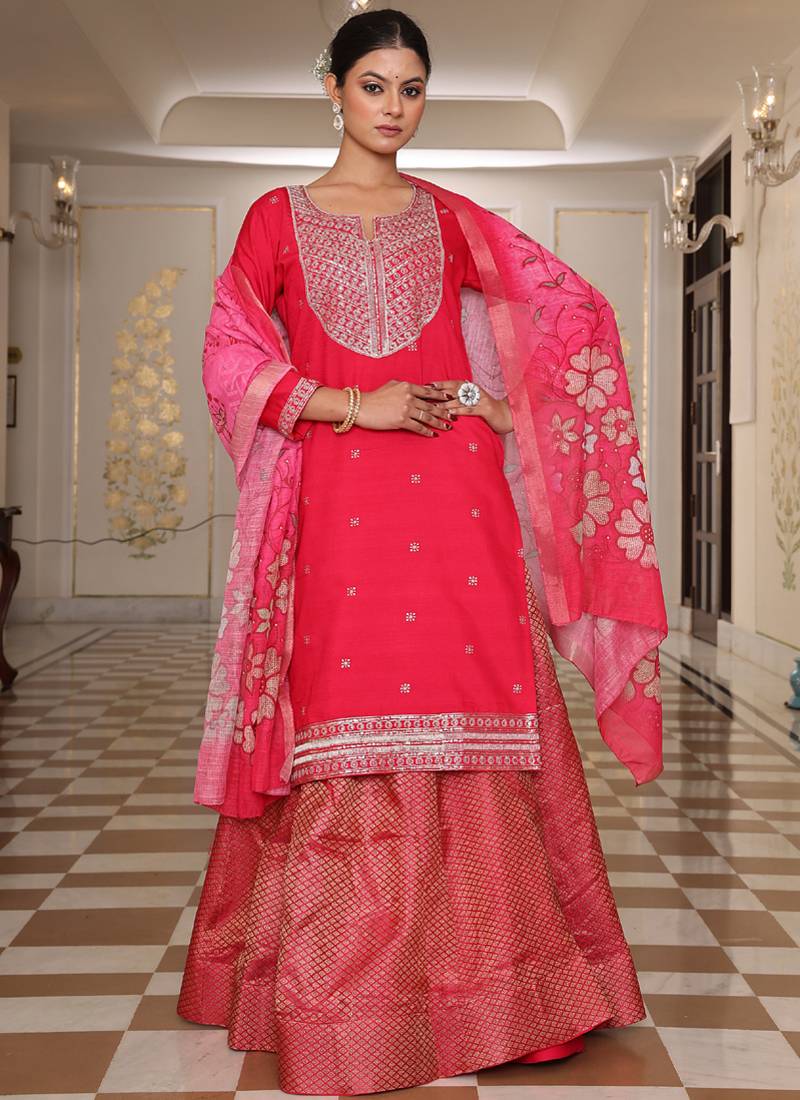 pink cotton silk sequin embroidered lehenga style salwar suit with dupatta