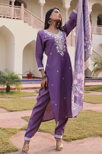 lavender simmer silk thread embroidered salwar suit with decorative dupatta