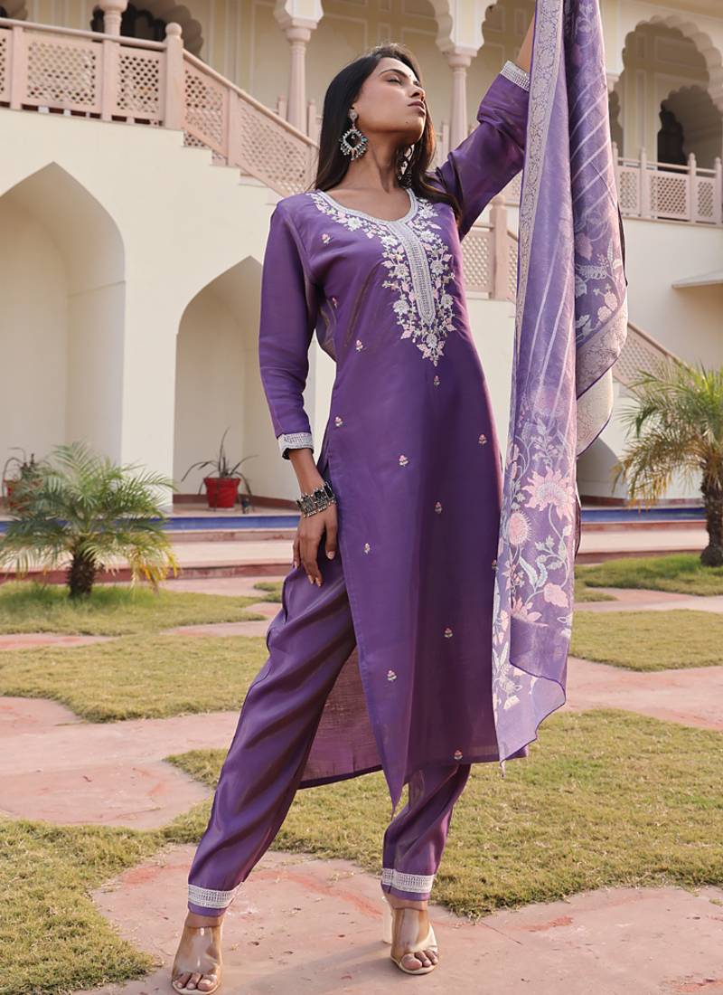 lavender simmer silk thread embroidered salwar suit with decorative dupatta