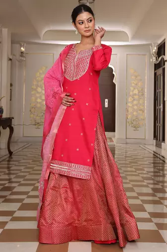 pink cotton silk sequin embroidered lehenga style salwar suit with dupatta