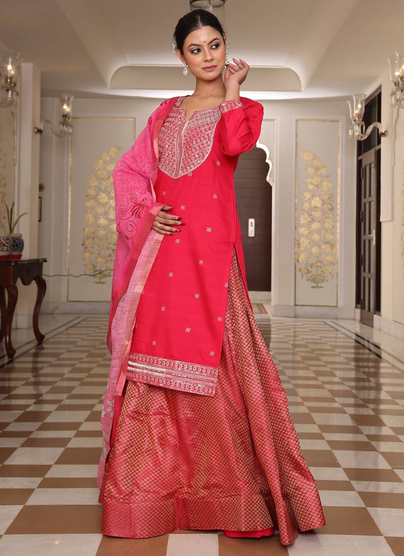 pink cotton silk sequin embroidered lehenga style salwar suit with dupatta