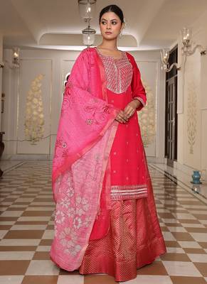 pink cotton silk sequin embroidered lehenga style salwar suit with dupatta 4