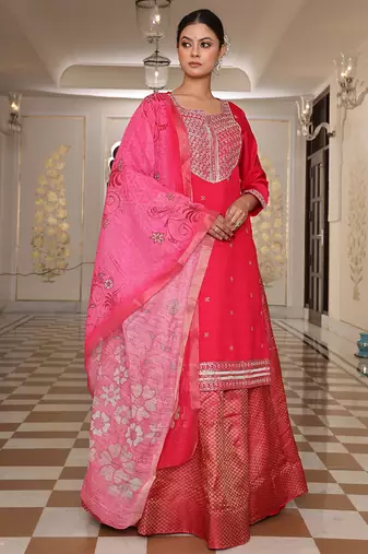 pink cotton silk sequin embroidered lehenga style salwar suit with dupatta