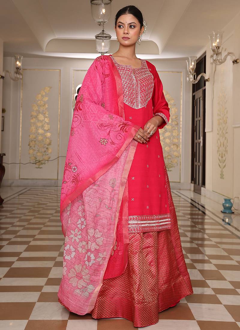 pink cotton silk sequin embroidered lehenga style salwar suit with dupatta