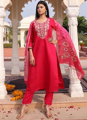 soft pink cotton silk thread & sequin embroidered salwar suit with printed dupatta 1