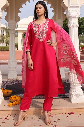 soft pink cotton silk thread & sequin embroidered salwar suit with printed dupatta