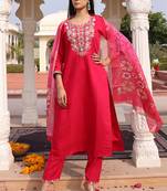soft pink cotton silk thread & sequin embroidered salwar suit with printed dupatta