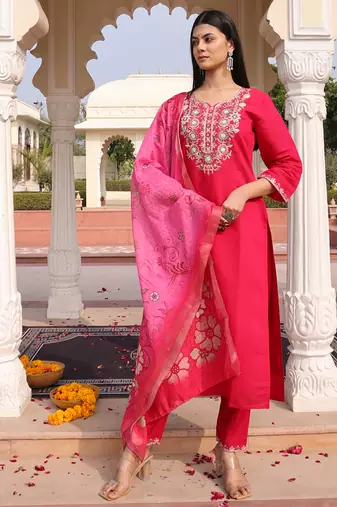 soft pink cotton silk thread & sequin embroidered salwar suit with printed dupatta