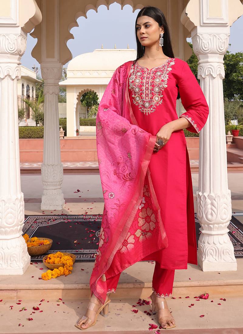 soft pink cotton silk thread & sequin embroidered salwar suit with printed dupatta